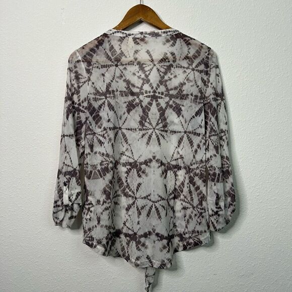 Chico’s Gray White Shibori Spot Tie-Front Sheer Shirt Mesh Women's Size 1 (M) - Picture 10 of 15